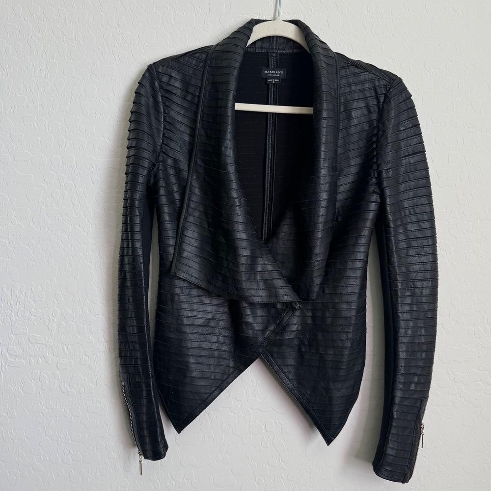 Marciano Los Angeles Shayna Black Lamb‎ Leather Pleated Draped Moto Jacket Sz 4